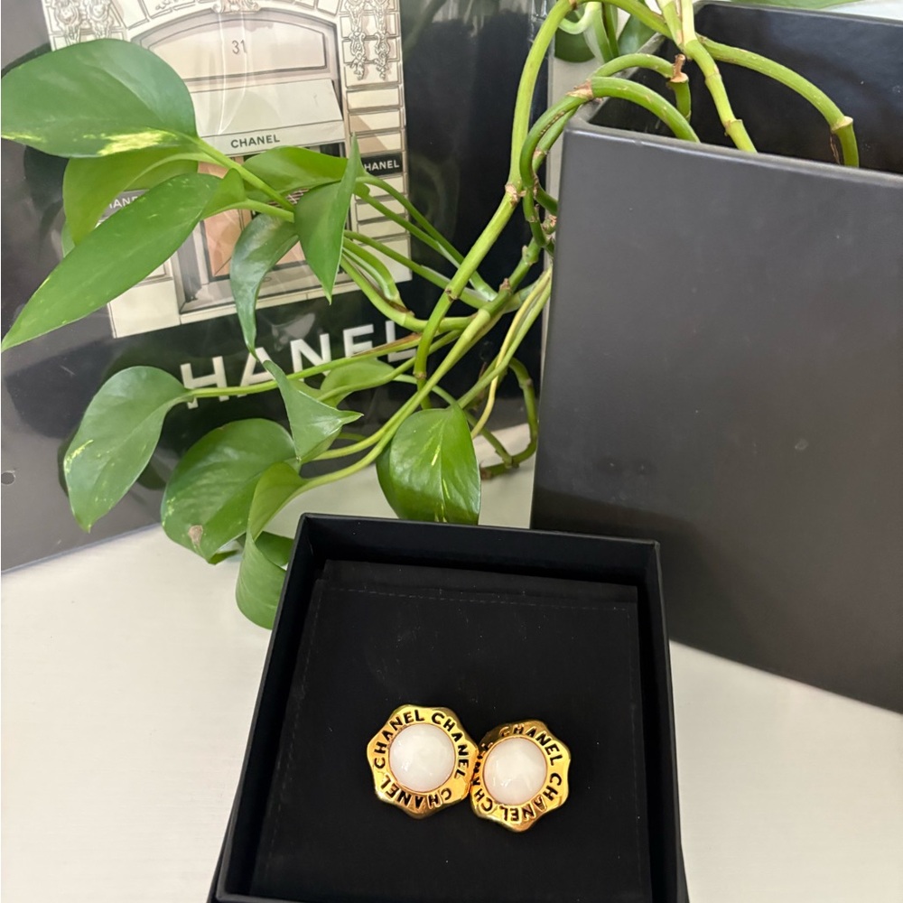 CHANEL Gold and Cream Logo Earrings